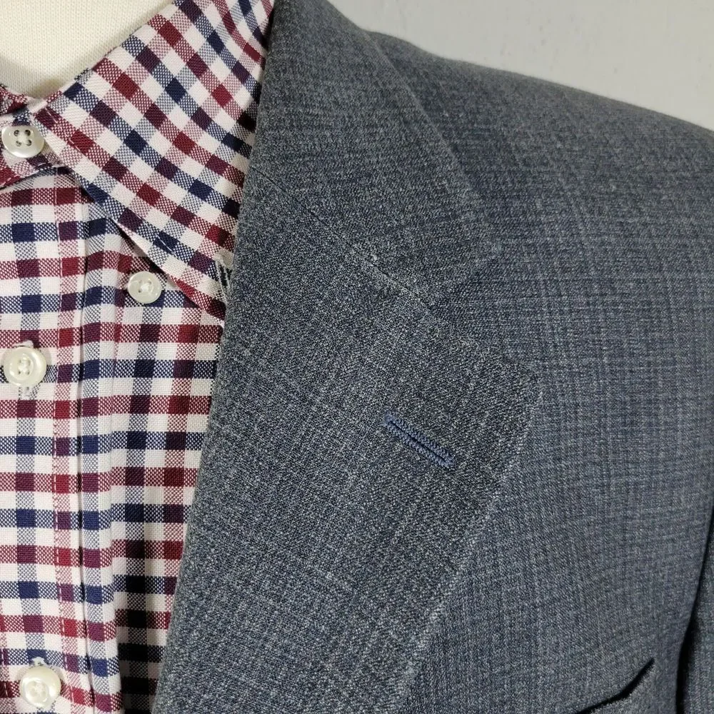 S.Cohen Men's Sport Coat JAY Three Button Blue Gray Plaid‎ Silk Wool Size 44R
